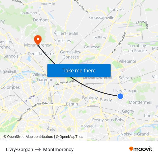 Livry-Gargan to Montmorency map