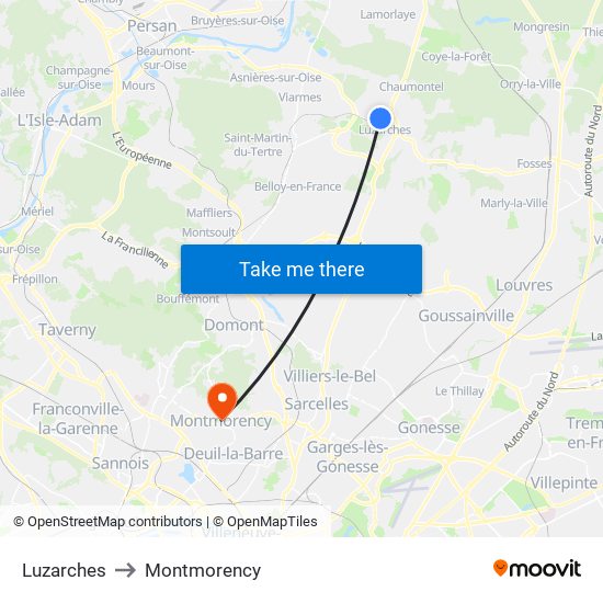 Luzarches to Montmorency map