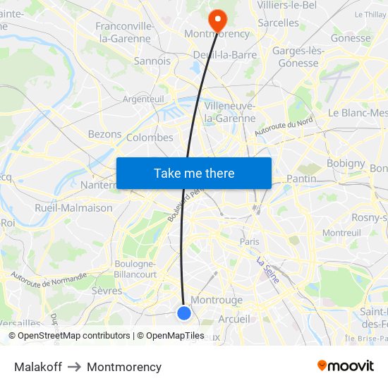 Malakoff to Montmorency map