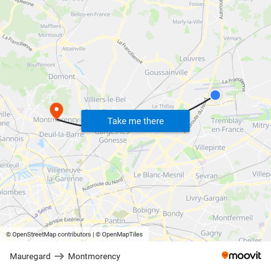 Mauregard to Montmorency map