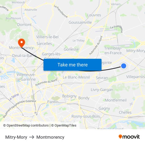 Mitry-Mory to Montmorency map