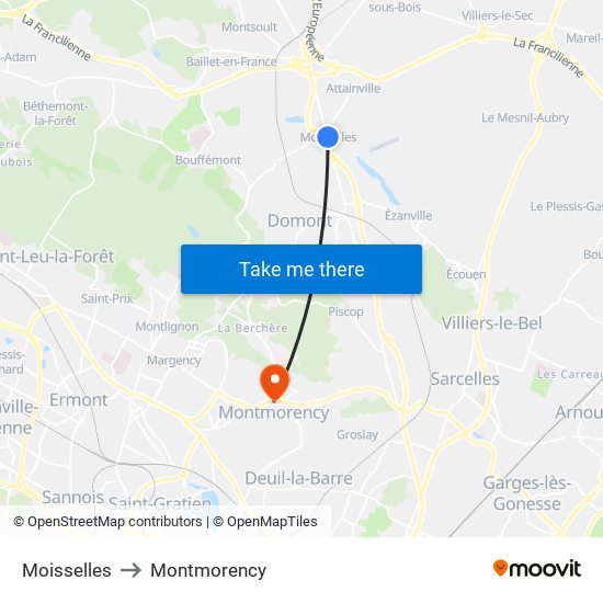 Moisselles to Montmorency map