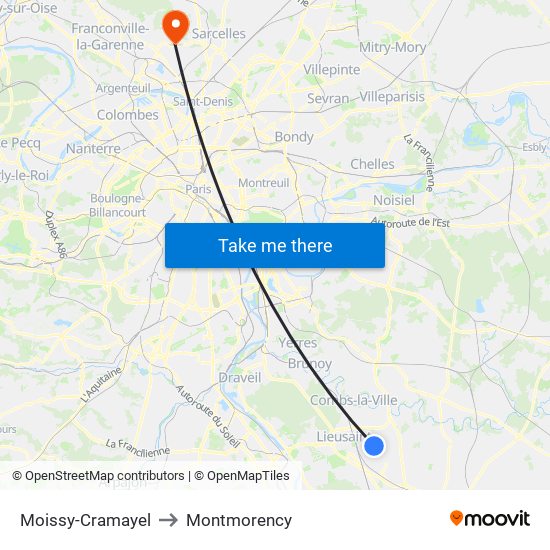 Moissy-Cramayel to Montmorency map