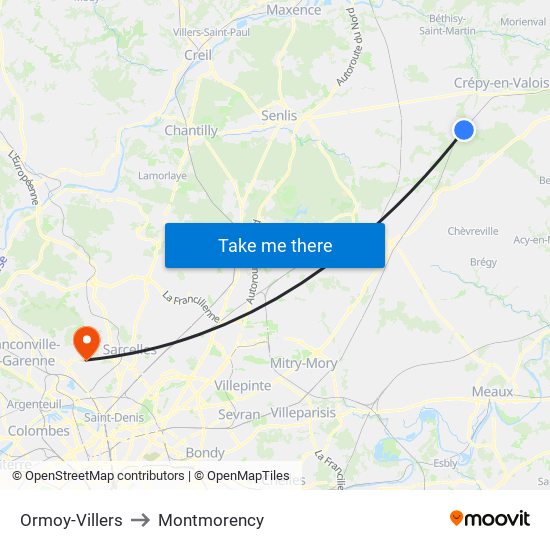 Ormoy-Villers to Montmorency map