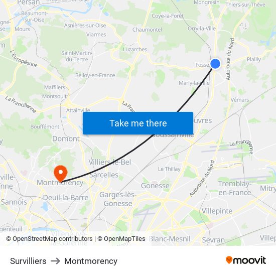 Survilliers to Montmorency map