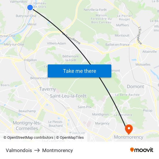 Valmondois to Montmorency map