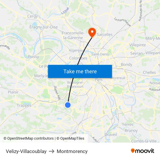 Velizy-Villacoublay to Montmorency map