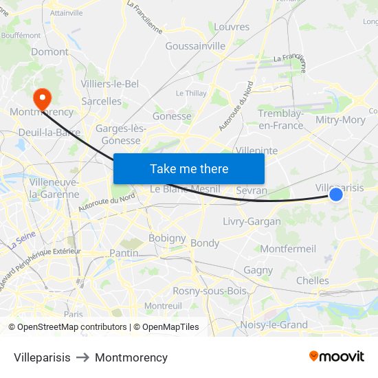 Villeparisis to Montmorency map