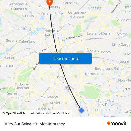 Vitry-Sur-Seine to Montmorency map