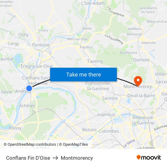 Conflans Fin D'Oise to Montmorency map