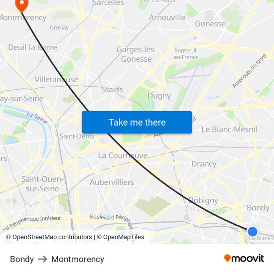Bondy to Montmorency map