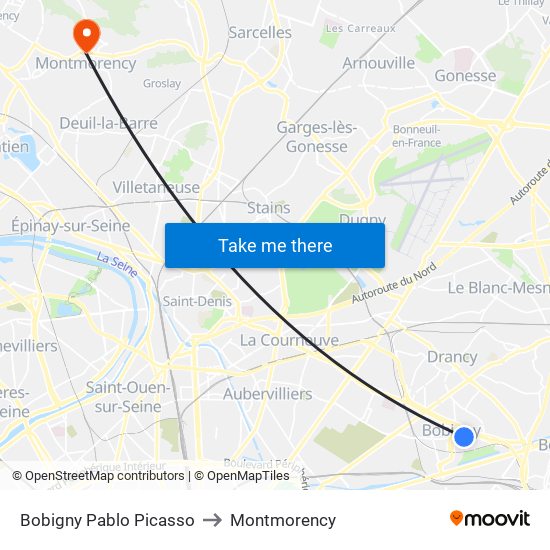 Bobigny Pablo Picasso to Montmorency map