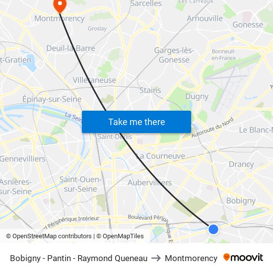 Bobigny - Pantin - Raymond Queneau to Montmorency map