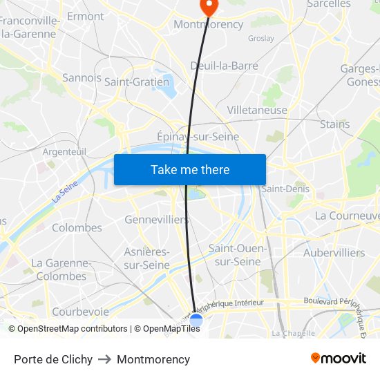 Porte de Clichy to Montmorency map