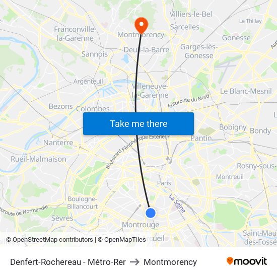 Denfert-Rochereau - Métro-Rer to Montmorency map