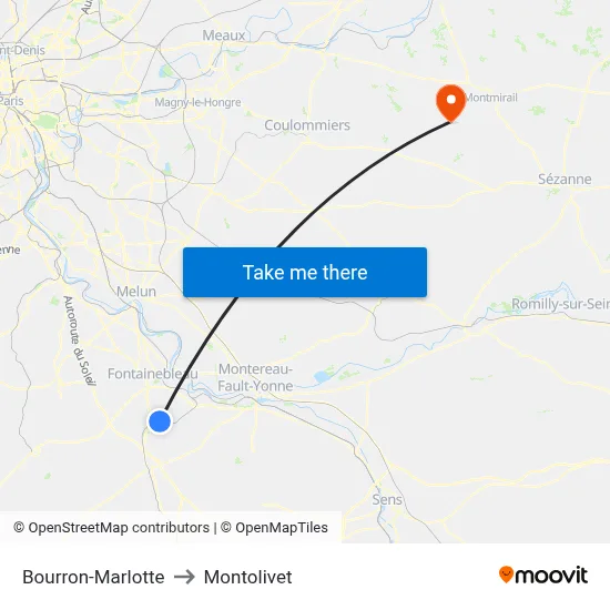 Bourron-Marlotte to Montolivet map