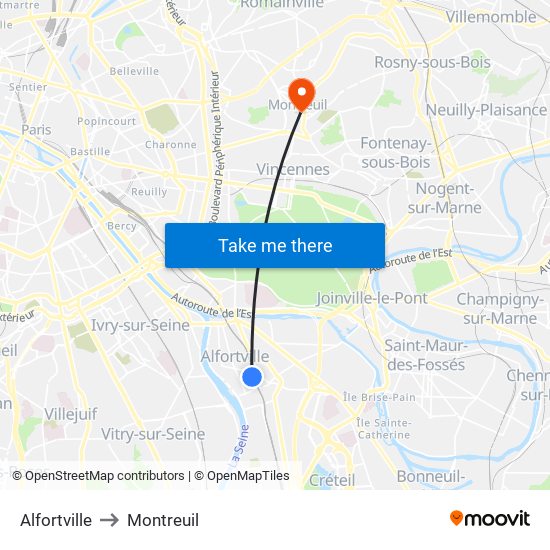 Alfortville to Montreuil map