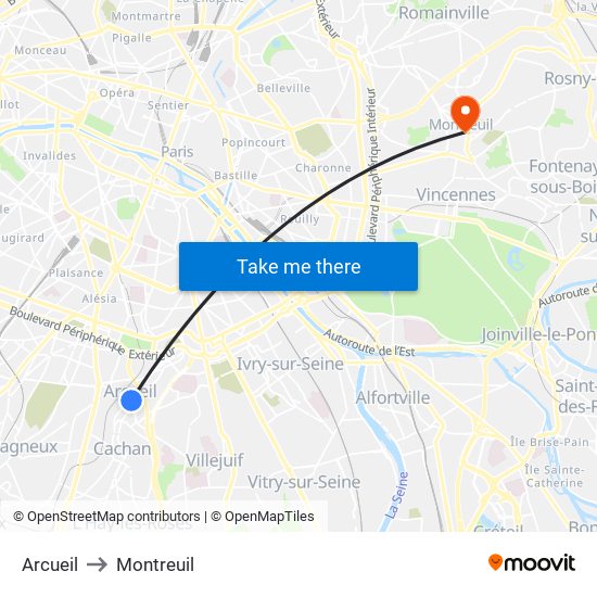 Arcueil to Montreuil map