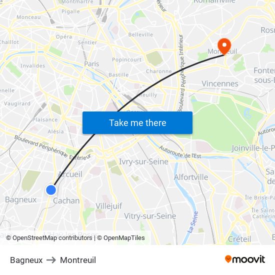 Bagneux to Montreuil map