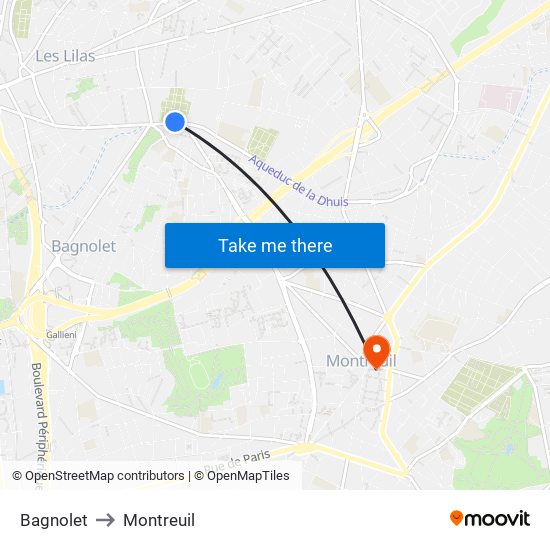 Bagnolet to Montreuil map