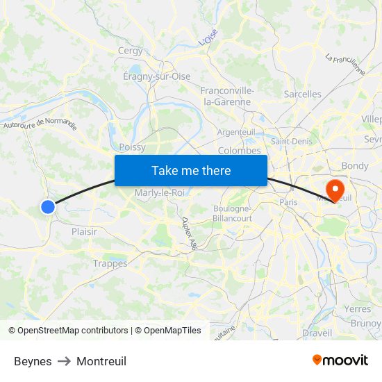 Beynes to Montreuil map