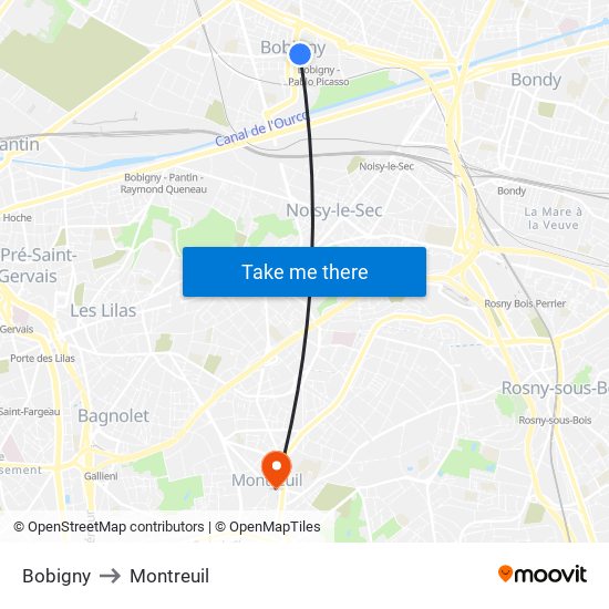 Bobigny to Montreuil map