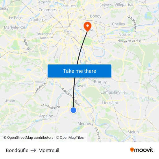 Bondoufle to Montreuil map