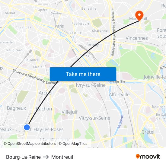 Bourg-La-Reine to Montreuil map