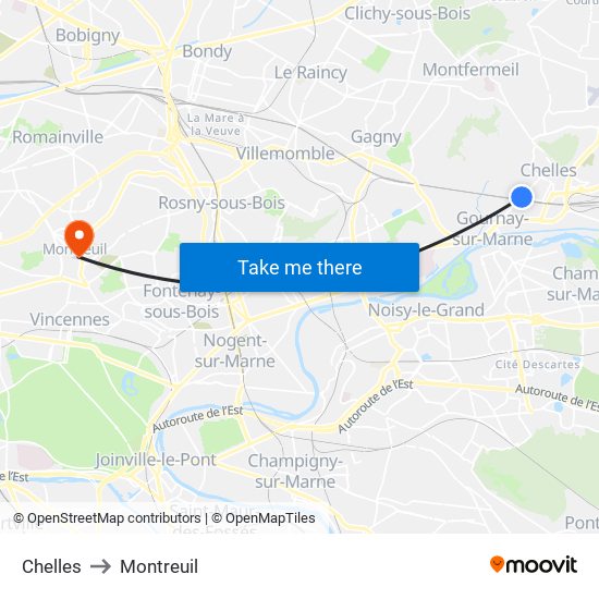 Chelles to Montreuil map