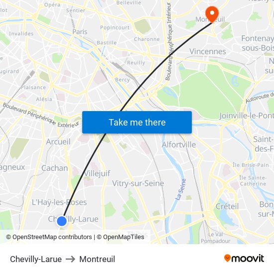 Chevilly-Larue to Montreuil map