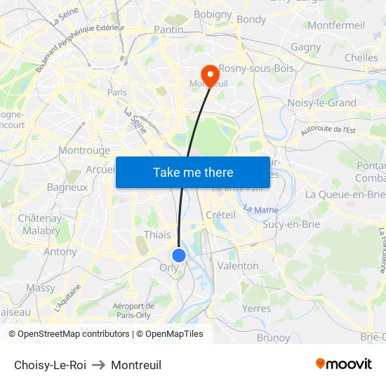 Choisy-Le-Roi to Montreuil map