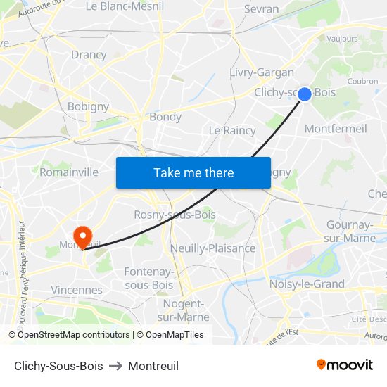 Clichy-Sous-Bois to Montreuil map