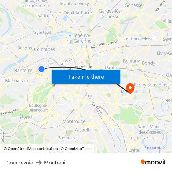 Courbevoie to Montreuil map