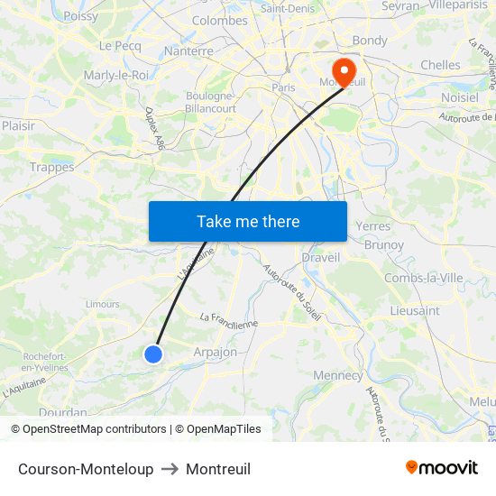 Courson-Monteloup to Montreuil map