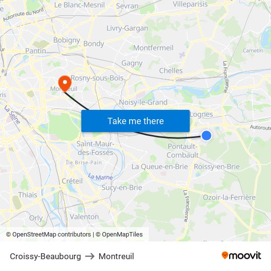 Croissy-Beaubourg to Montreuil map