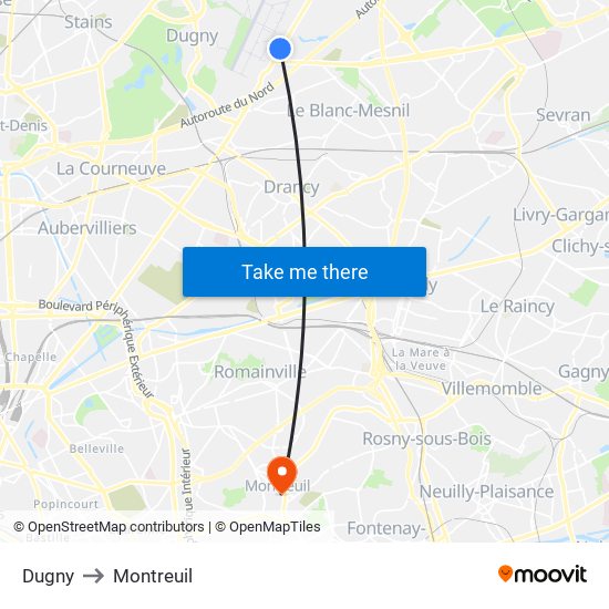 Dugny to Montreuil map