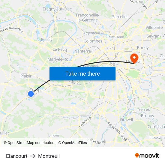 Elancourt to Montreuil map