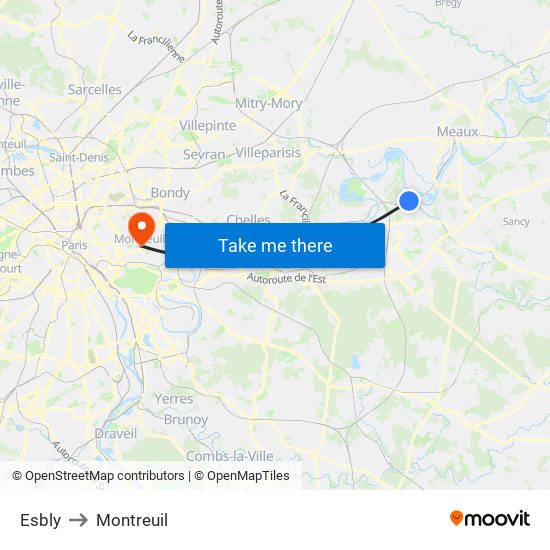 Esbly to Montreuil map