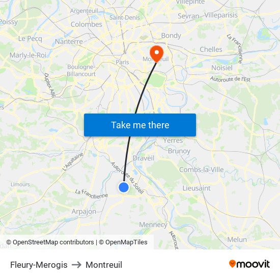 Fleury-Merogis to Montreuil map