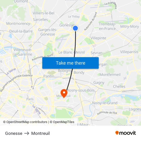 Gonesse to Montreuil map