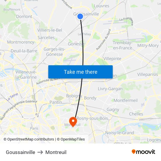 Goussainville to Montreuil map