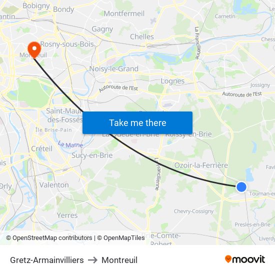 Gretz-Armainvilliers to Montreuil map