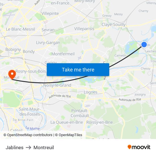 Jablines to Montreuil map