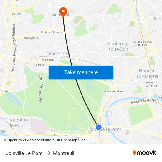 Joinville-Le-Pont to Montreuil map