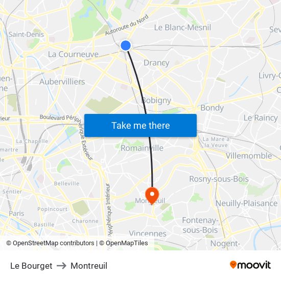 Le Bourget to Montreuil map