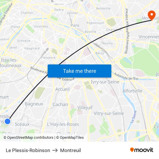 Le Plessis-Robinson to Montreuil map