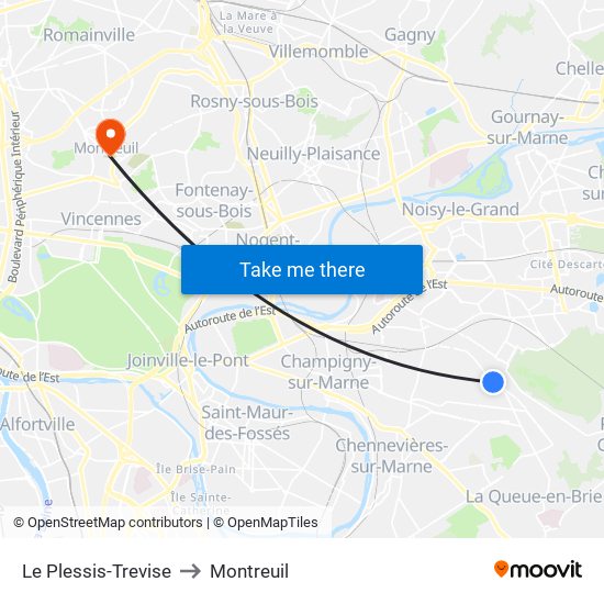 Le Plessis-Trevise to Montreuil map