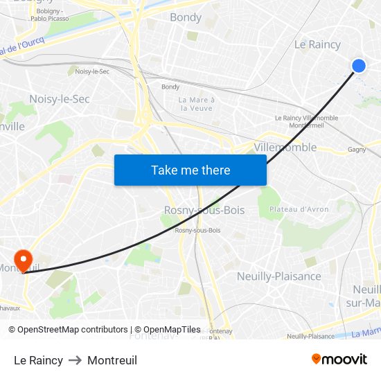 Le Raincy to Montreuil map