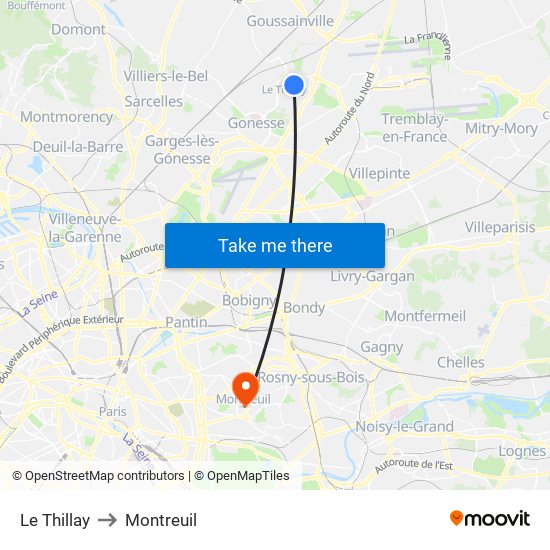 Le Thillay to Montreuil map