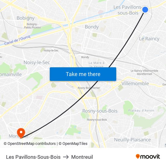 Les Pavillons-Sous-Bois to Montreuil map